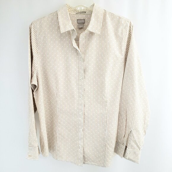 Chicos No-Iron Button-Down Shirt MEDIUM (12/14) Beige Stripes Polka Dots CoolMax - Picture 3 of 7